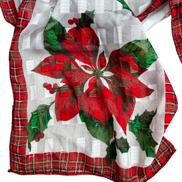 Christmas holiday silk burnout scarf long rectangle white green red plaid border - Picture 6 of 6